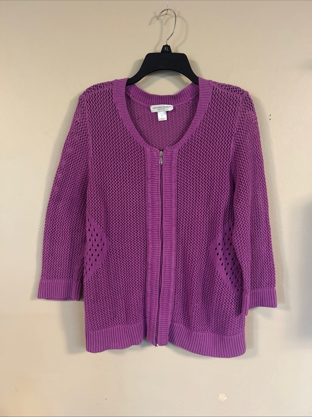 Christopher & Banks Magenta Open-Knit Zip Cardigan